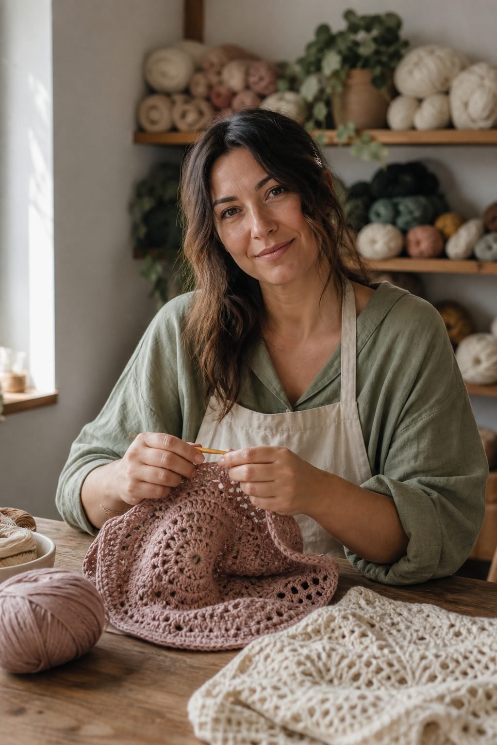 The artist crocheting a rose-coloured piece at a wooden table, shelves of yarn behind her
