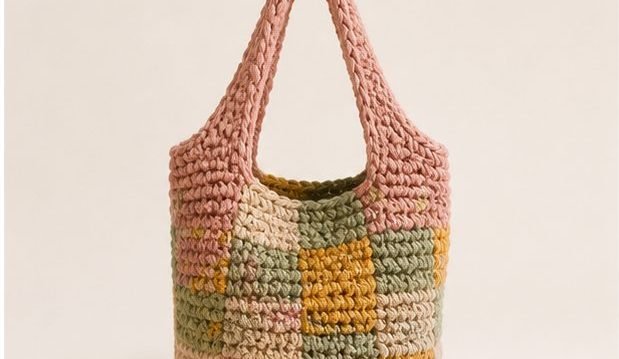 A patchwork crochet tote in rose, sage and gold