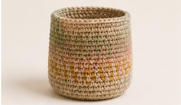 A crochet storage basket in sage and sand