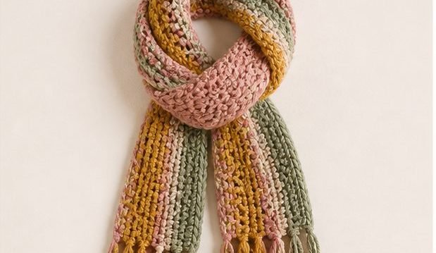 A striped crochet scarf with tasselled ends
