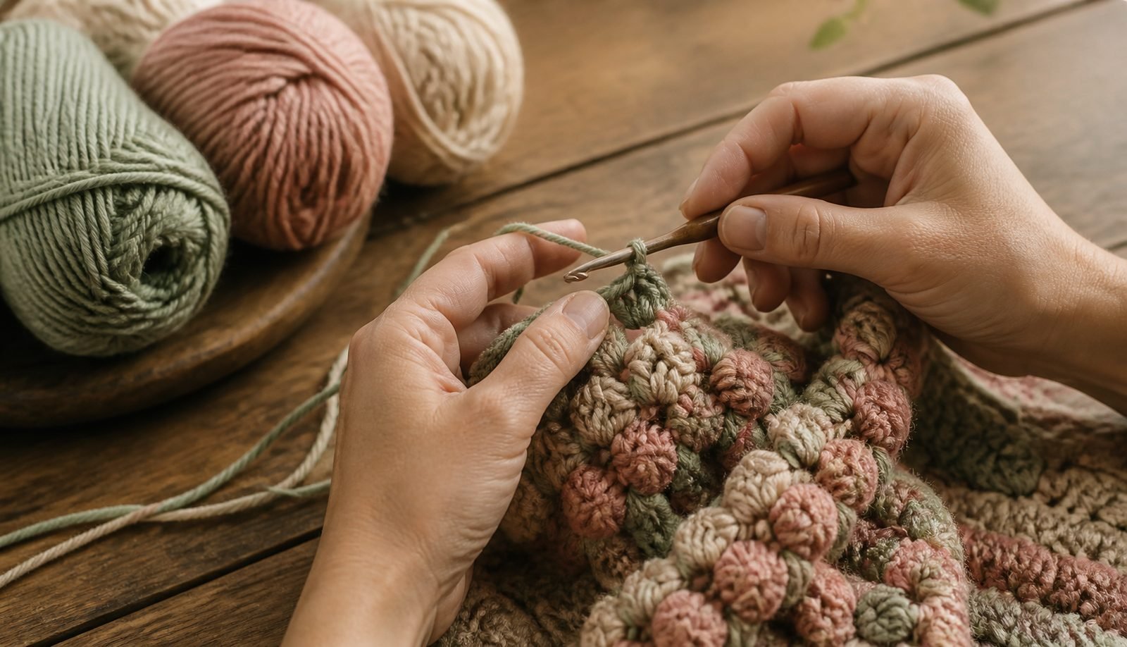 Hands working a bobble stitch in sage and rose yarn