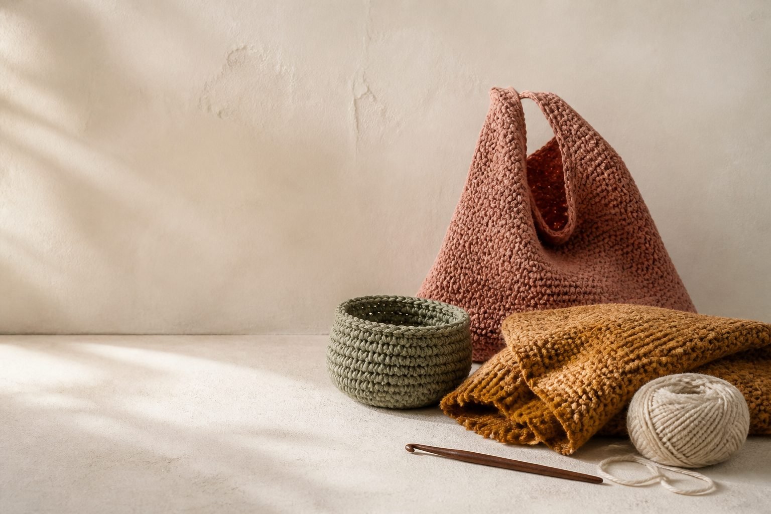 A crochet tote, bowl, scarf and ball of yarn arranged in soft daylight