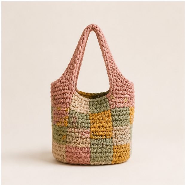Patchwork crochet bucket bag in rose, sage, gold and sand