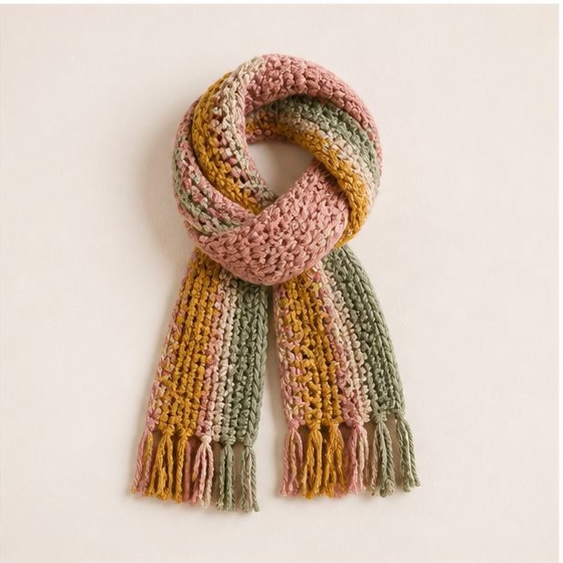 Striped crochet scarf in rose, gold and sage with tasselled ends