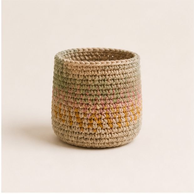 Crochet storage bowl in sage, sand and gold